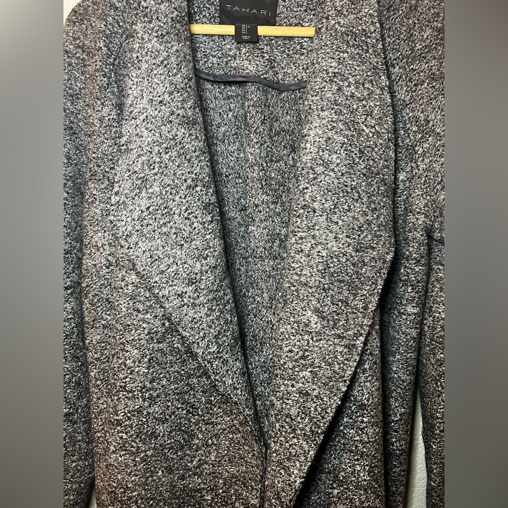 Tahari Long Open Long Cardigan Large Gray Sleeve Relaxed Duster Wool Blend Sz L - Picture 3 of 4
